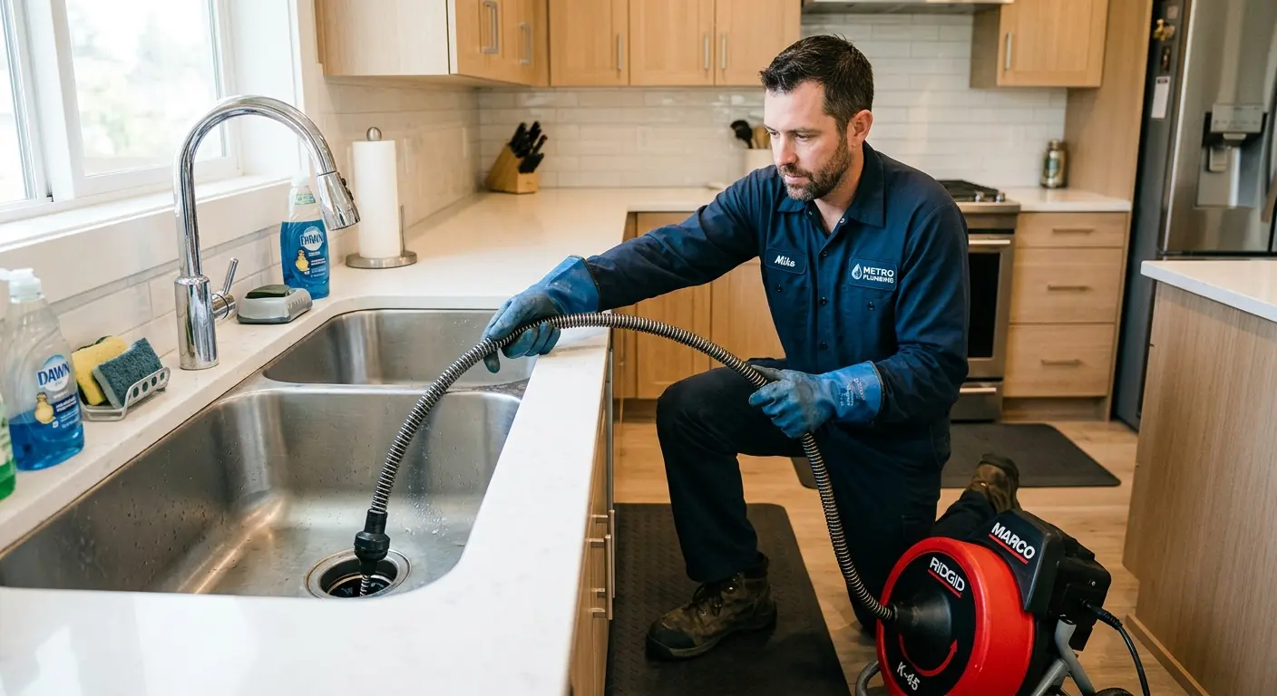 Drain cleaning technician using a motorized snake on a kitchen sink in North Plainfield