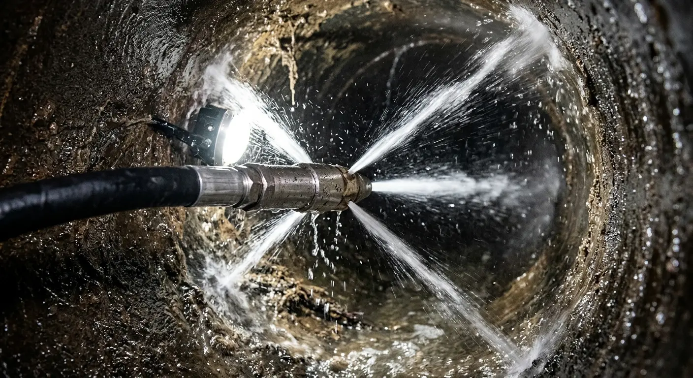 High-pressure hydro jetting nozzle cleaning sewer pipe for Sewer Cleanout in North Plainfield