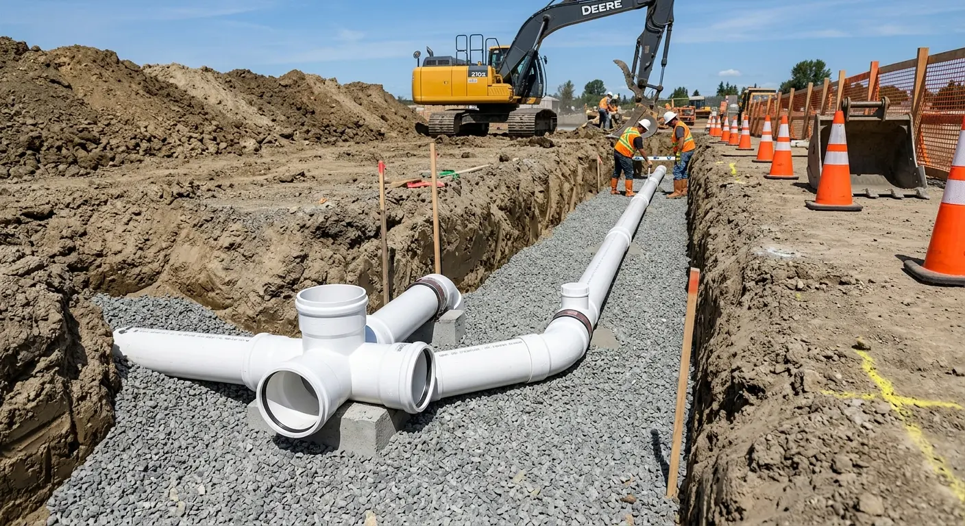 New PVC sewer pipe installation in open trench for Commercial Drain Cleaning in North Plainfield