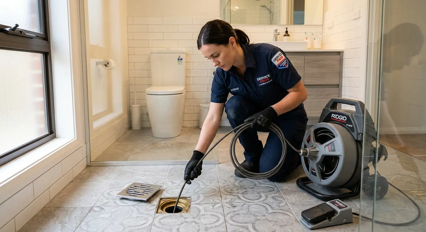 Technician clearing a bathroom floor drain for Hydro Jetting in North Plainfield